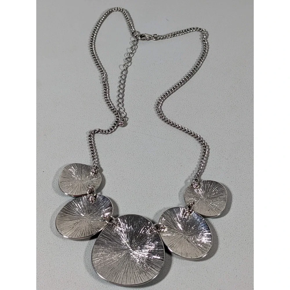 Blue Enamel Oval Panel Statement Necklace Silver Tone‎ 22